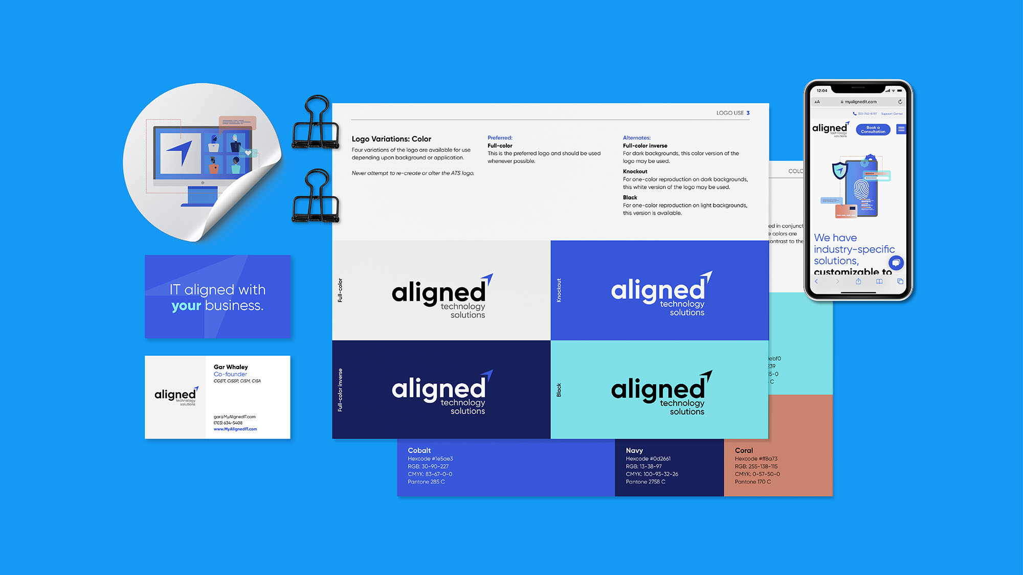 Sample of Aligned's brand guide, illustrations, website, and business card.